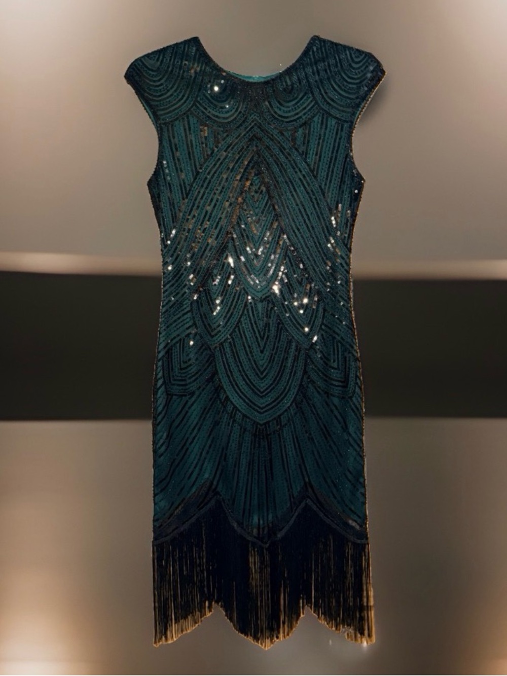 Fundaisy Embellished Fringe Midi Dress in Dark Emerald w/Black Sequins-L-EC